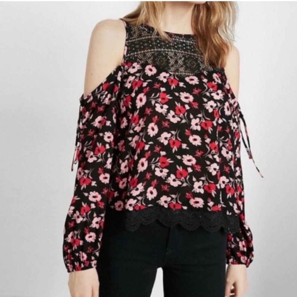 Express crochet lace yoke cold shoulder floral top long sleeves lace waist trim
